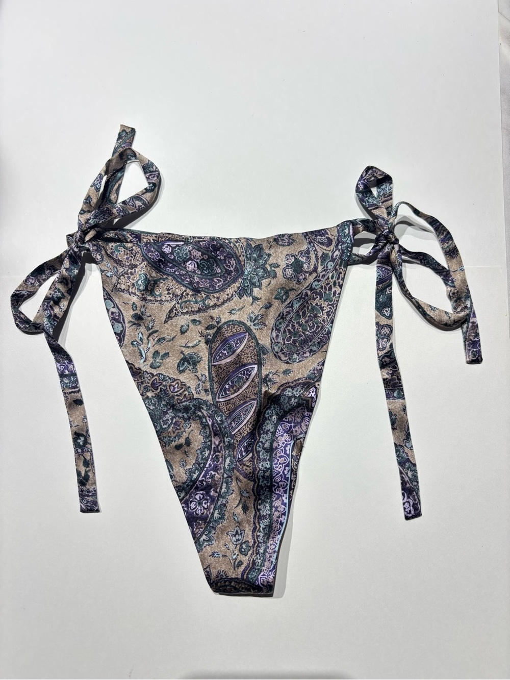 Vintage Victoria's Secret Paisley Silk Tie-Side Thong in Beige and Purple